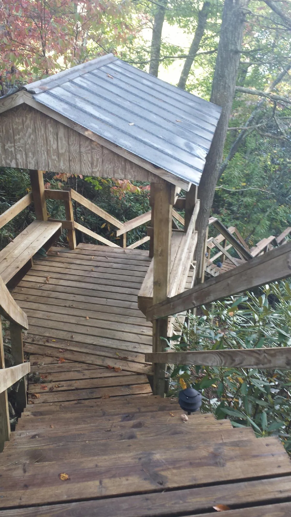 Metal roofed shelter over wooden steps on a wooded walkway — Skylight Repair & Installation work by our crew in Avinger